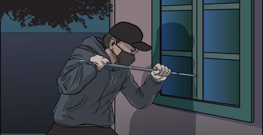 Illustration of burglar forcing entry through a window in New Haven